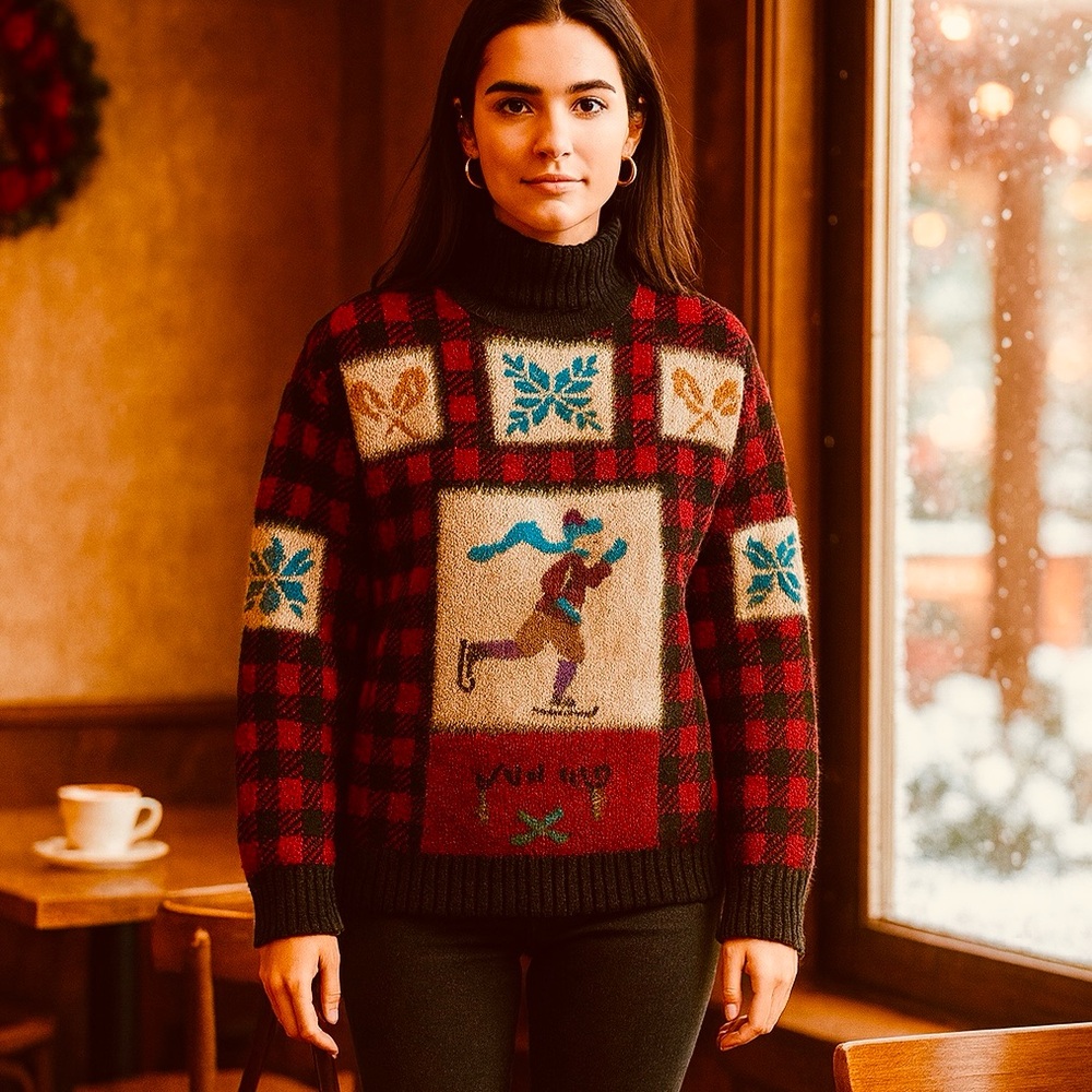 WOOLRICH SWEATER ICE SKATER SNOWFLAKE WOOL PLAID RED BLACK MEDIUM M